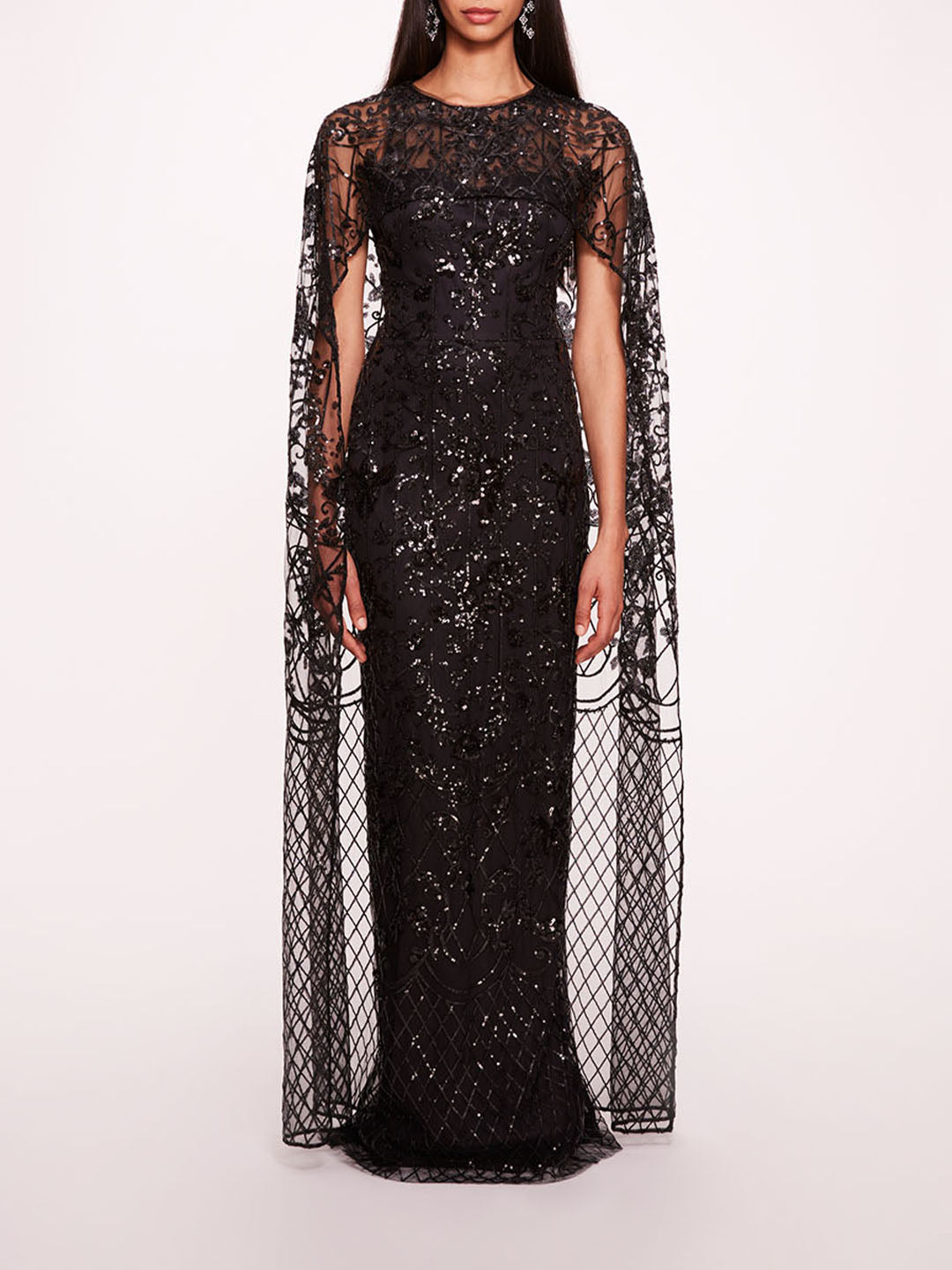 Sequin Lattice Cape Gown | Marchesa