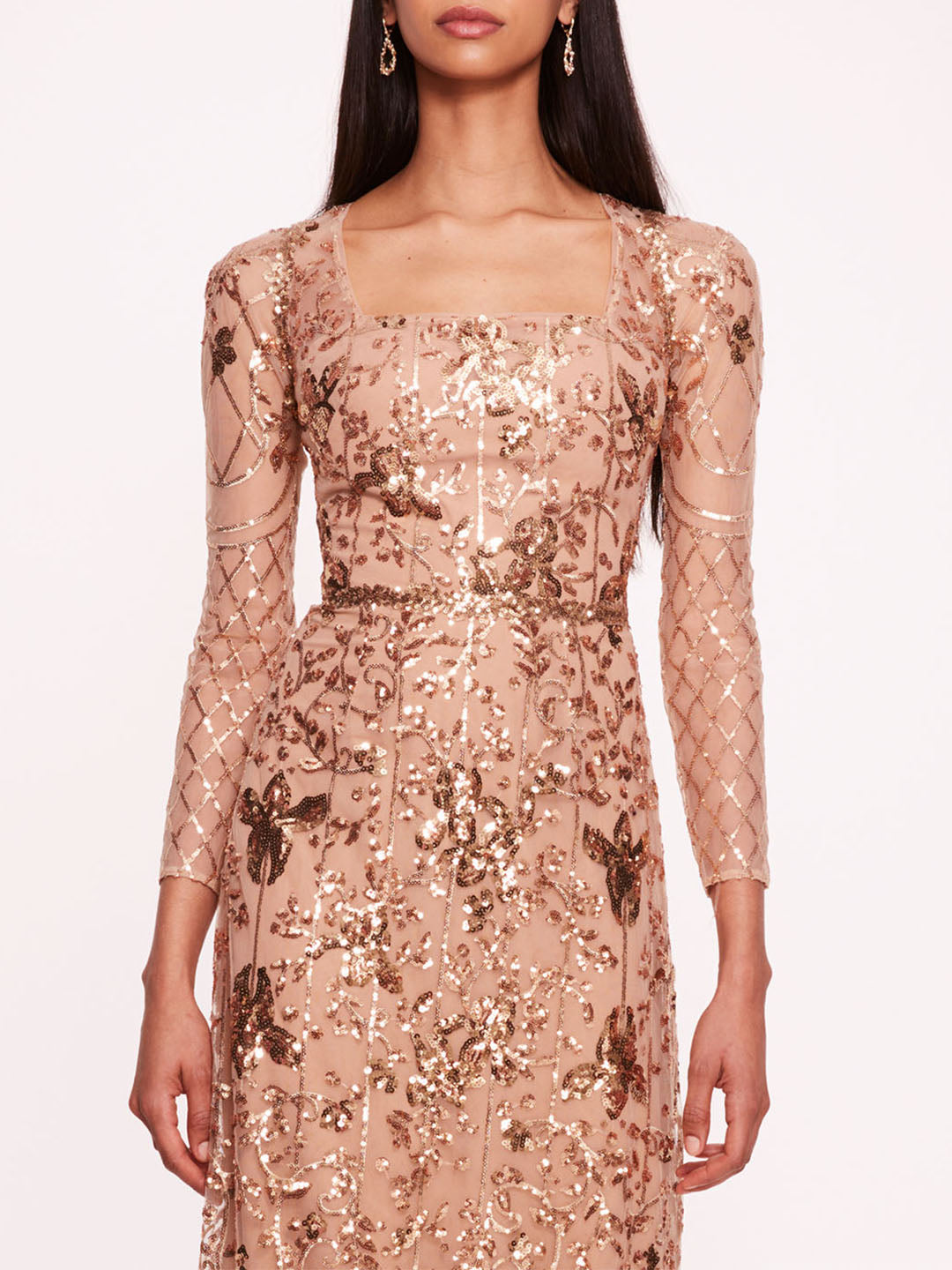 Sequin Lattice Sleeved Gown | Marchesa