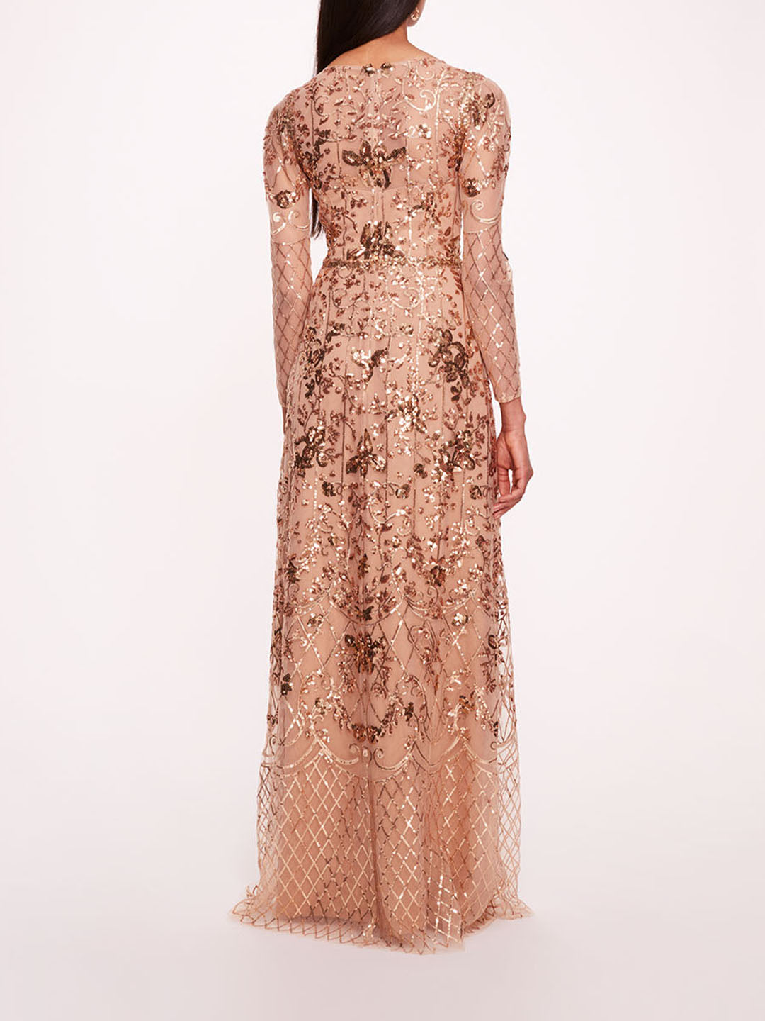Sequin Lattice Sleeved Gown | Marchesa