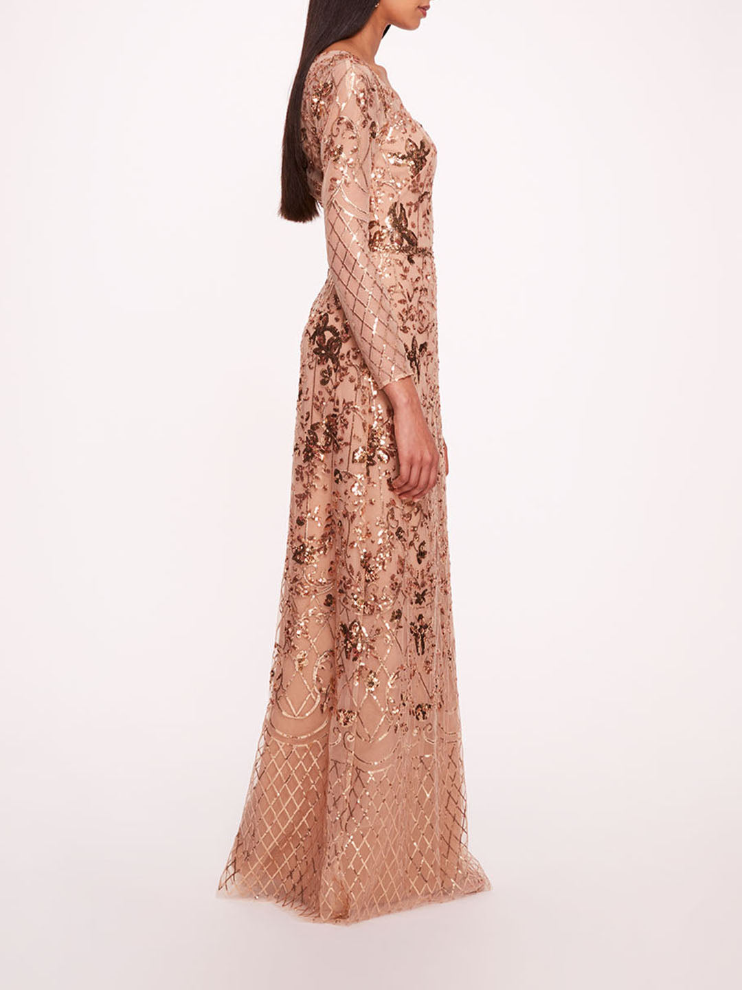 Sequin Lattice Sleeved Gown | Marchesa
