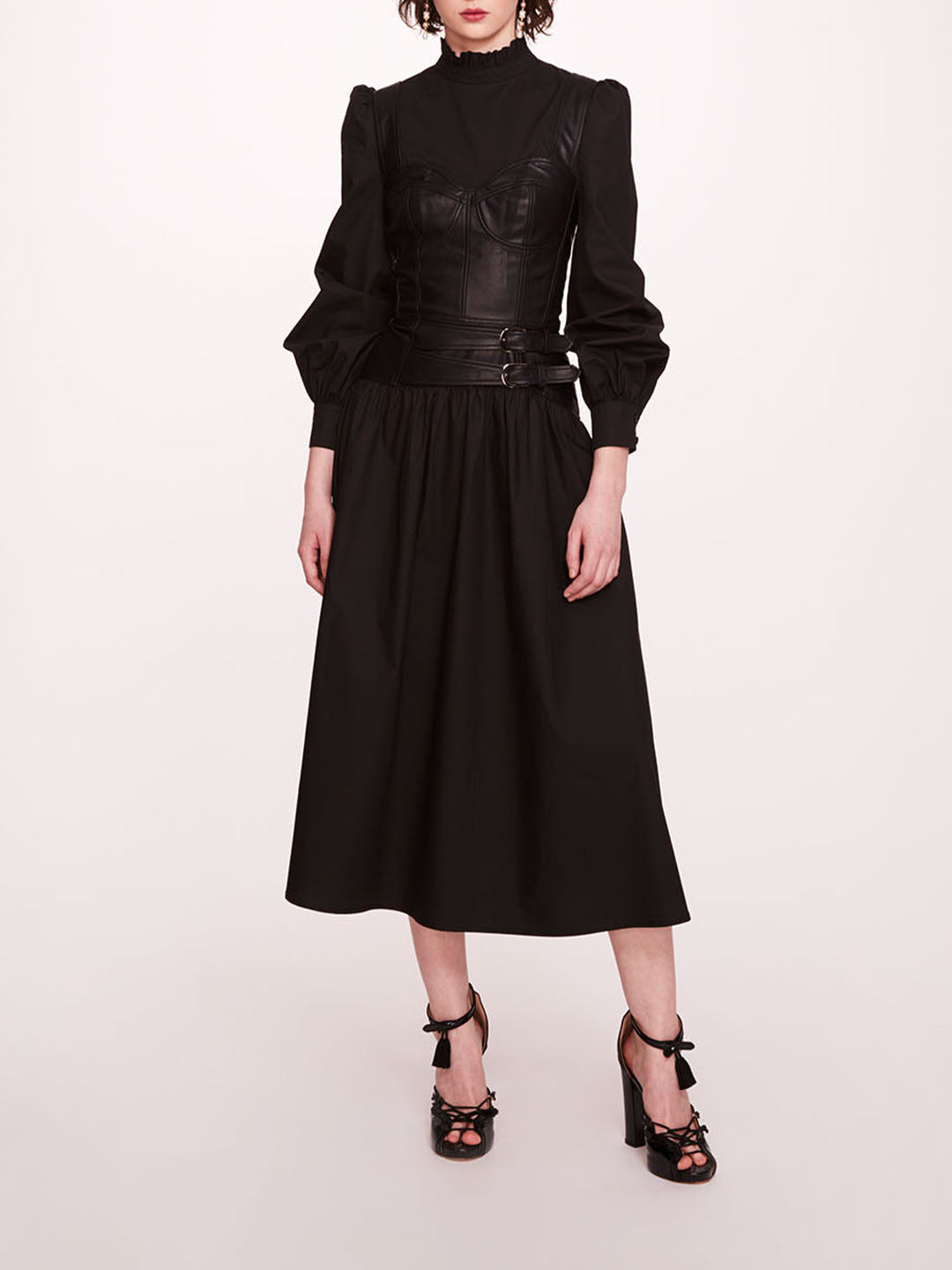 Faux Leather Poplin Corset Dress | Marchesa