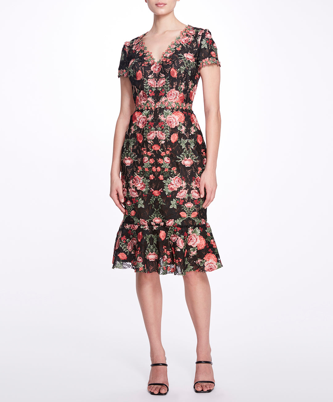Embroidered Guipure V-neck Cocktail Marchesa